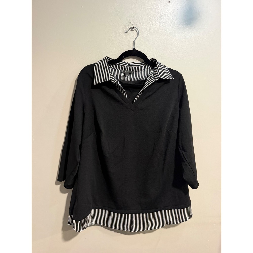 Adrianna Papell Black Striped Mixed Media 3/4 Sleeve Blouse Top 1X AD1S301218W